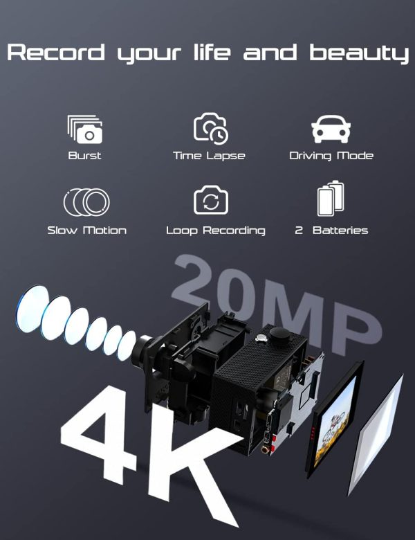 Apexcam Action Camera 4K Sports Camera 20MP 40M 170°Wide-Angle WiFi Waterproof Underwater Camera with 2.4G Remote Control 2 Batteries 2.0'' LCD Ultra HD Camera with Mounting Accessories Kit - Image 2