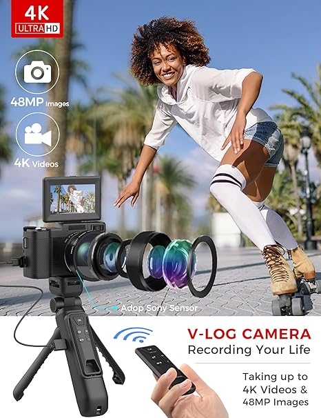 4K Digital Camera with Creator Accessory Kit 48MP Remote Control Vlogging Camera for Vloggers Autofocus Flip Screen Photography Cameras with Tripod Grip, Wide-angle & Macro lens, Mic, Batteries - Image 4