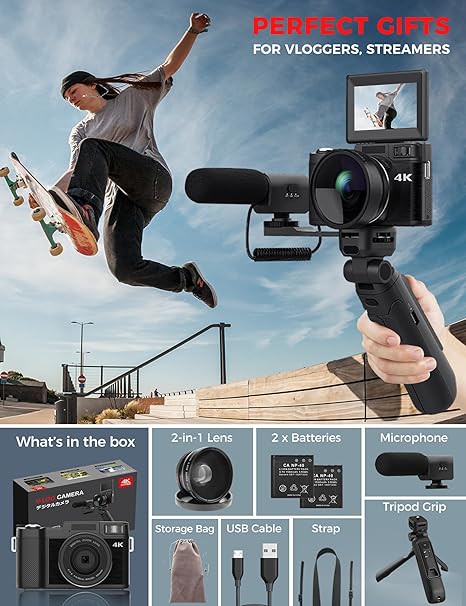 4K Digital Camera with Creator Accessory Kit 48MP Remote Control Vlogging Camera for Vloggers Autofocus Flip Screen Photography Cameras with Tripod Grip, Wide-angle & Macro lens, Mic, Batteries - Image 3